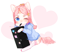 Size: 1600x1466 | Tagged: safe, artist:qawakie, derpibooru import, oc, oc only, pony, unicorn, clothes, grin, heart, mouth hold, smiling, solo, uniorn noc