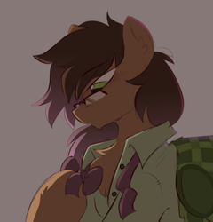 Size: 779x811 | Tagged: safe, artist:crimmharmony, derpibooru import, oc, oc only, oc:be sharp, earth pony, bowtie, chest fluff, clothes, dramatic lighting, earth pony oc, glasses, looking down, male, simple background, stallion, unbuttoned