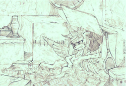 Size: 3444x2343 | Tagged: safe, artist:porcelanowyokular, derpibooru import, oc, oc only, pegasus, angry, cardboard box, homeless, pegasus oc, tennis racket, wings