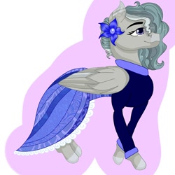 Size: 1500x1500 | Tagged: safe, artist:teonnakatztkgs, derpibooru import, oc, oc only, pegasus, pony, clothes, dress, flower, flower in hair, pegasus oc, smiling, solo, wings