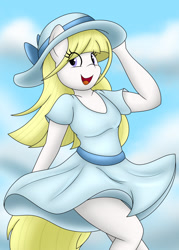 Size: 914x1280 | Tagged: safe, artist:bellenightjoy, derpibooru import, oc, oc only, oc:starry cookies, anthro, earth pony, clothes, cloud, dress, earth pony oc, eyelashes, female, hat, open mouth, outdoors, smiling, solo, sun hat