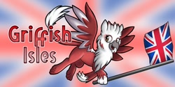 Size: 800x400 | Tagged: safe, derpibooru import, oc, oc:bobbie, griffon, griffish isles, mascot, solo, union jack, united kingdom