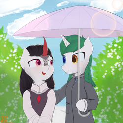 Size: 3000x3000 | Tagged: safe, artist:speedy dashie, derpibooru import, kirin, pony, semi-anthro, unicorn, bipedal, blushing, clothes, couple, dexterous hooves, female, heterochromia, male, umbrella