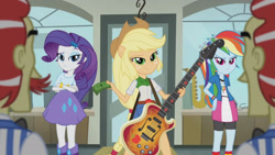 Size: 3410x1920 | Tagged: safe, derpibooru import, screencap, applejack, flam, flim, rainbow dash, rarity, a case for the bass, equestria girls, rainbow rocks, applejack's hat, bass guitar, belt, bracelet, brothers, clothes, cowboy hat, crossed arms, cutie mark on clothes, denim skirt, female, flim flam brothers, hairpin, hat, high res, identical twins, jewelry, male, money, musical instrument, ponied up, siblings, skirt, smiling, twin brothers, twins