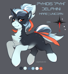 Size: 2104x2296 | Tagged: safe, artist:nightskrill, derpibooru import, oc, oc only, oc:pyxi delphini, pony, unicorn, chest fluff, compass rose, female, fluffy, mare, reference sheet, ribbon, stars