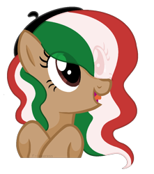 Size: 1002x1134 | Tagged: safe, artist:fioweress, derpibooru import, pony, beret, brown eyes, female, hat, italy, mare, multicolored mane, nation ponies, ponified, show accurate, simple background, solo, transparent background