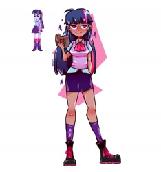 Size: 1641x1752 | Tagged: safe, artist:abery_art, derpibooru import, twilight sparkle, equestria girls, book, clothes, female, full body, looking at you, screencap reference, skirt, solo