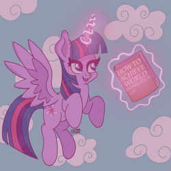 Size: 2048x2048 | Tagged: safe, artist:lynnpone, derpibooru import, twilight sparkle, twilight sparkle (alicorn), alicorn, pony, aesthetics, book, cloud, cute, eyelashes, female, flying, glowing, glowing horn, happy, horn, implied princess celestia, magic, mare, open mouth, open smile, smiling, text, wings