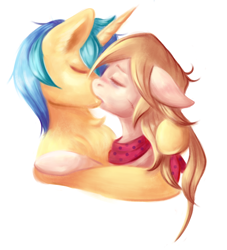 Size: 2480x2729 | Tagged: safe, artist:coco-drillo, derpibooru import, oc, oc only, oc:cocodrillo, oc:dex, earth pony, pony, unicorn, blushing, bust, caress, chest fluff, clothes, codex, couple, deep kissing, duo, ear blush, ear fluff, ears, earth pony oc, embrace, eyes closed, floppy ears, high res, horn, hug, hugging a pony, kissing, messy mane, oc x oc, passionate, scar, scarf, ship, shipping, simple background, unicorn oc, yellow background