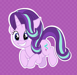 Size: 2830x2727 | Tagged: safe, artist:squipycheetah, derpibooru import, starlight glimmer, pony, unicorn, cute, ears, female, floppy ears, glimmerbetes, grin, hair over one eye, happy, mare, outline, purple background, simple background, smiling, solo, white outline