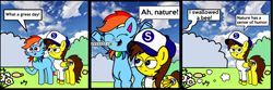 Size: 2248x750 | Tagged: safe, artist:sebtheartist, derpibooru import, rainbow dash, oc, oc:ponyseb, oc:rainbow eevee, bee, earth pony, insect, pegasus, alternate color palette, bipedal, bush, comic strip, deleted from derpibooru, duo, eevee, flower, garfield, open mouth, outdoors, pokémon, sky, this will end in pain