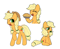 Size: 1227x1000 | Tagged: safe, artist:riss-mlp, artist:risswm, derpibooru import, part of a set, applejack, earth pony, pony, apple, apple pie, applejack's hat, braid, clothes, cowboy hat, cute, female, food, freckles, hair tie, hat, jackabetes, mare, open mouth, pie, raised hoof, raised leg, redesign, signature, simple background, sitting, solo, white background