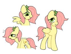 Size: 1280x973 | Tagged: safe, artist:riss-mlp, artist:risswm, derpibooru import, part of a set, fluttershy, pegasus, pony, alternate cutie mark, female, flower, flower in hair, folded wings, hair accessory, mare, redesign, signature, simple background, sleepy, smiling, solo, spread wings, white background