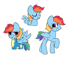 Size: 1227x1000 | Tagged: safe, artist:riss-mlp, artist:risswm, derpibooru import, part of a set, rainbow dash, pegasus, pony, clothes, female, folded wings, grin, mare, raised hoof, raised leg, redesign, short hair, signature, simple background, smiling, solo, spread wings, uniform, white background, wonderbolts uniform