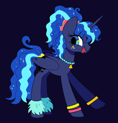 Size: 960x1000 | Tagged: safe, artist:riss-mlp, artist:risswm, derpibooru import, princess luna, alicorn, pony, between dark and dawn, 80s princess luna, alternate hairstyle, black background, blue background, bracelet, face paint, female, folded wings, jewelry, mare, necklace, open mouth, open smile, ponytail, raised leg, signature, simple background, smiling, solo