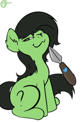 Size: 1200x1800 | Tagged: artist needed, safe, oc, oc:anon filly, earth pony, pony, female, filly, foal, knife, meta, smug, twitter