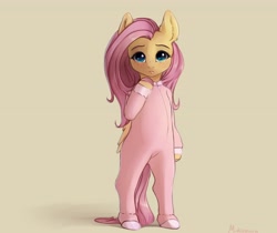 Size: 4096x3442 | Tagged: safe, artist:miokomata, derpibooru import, fluttershy, pegasus, semi-anthro, clothes, colored hooves, cute, female, footed sleeper, footie pajamas, freckles, freckleshy, looking at you, mare, onesie, pajamas, shyabetes, simple background, solo, tan background, weapons-grade cute