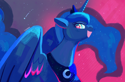 Size: 1500x990 | Tagged: safe, artist:cherivinca, derpibooru import, princess luna, alicorn, pony, cute, lunabetes, open mouth, open smile, profile, smiling, solo, stars