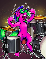 Size: 727x921 | Tagged: safe, derpibooru import, oc, oc:skrrah, pony, unicorn, drum kit, drumming, drums, musical instrument, open mouth