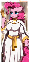 Size: 1900x3950 | Tagged: safe, artist:pridark, derpibooru import, pinkie pie, anthro, earth pony, breasts, clothes, commission, faravahar, female, high res, pinkie pies, priest, smiling, solo, ziragshabdarverse, zoroastrianism