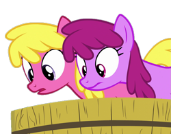 Size: 1383x1080 | Tagged: safe, derpibooru import, edit, edited screencap, screencap, berry punch, berryshine, cherry berry, earth pony, pony, on your marks, season 6, background removed, duo, female, looking down, mare, simple background, transparent background