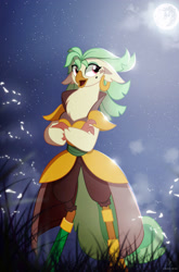 Size: 1778x2697 | Tagged: safe, artist:zidanemina, derpibooru import, edit, edited screencap, screencap, captain celaeno, anthro, bird, parrot, amputee, beauty mark, ear piercing, earring, female, hatless, jewelry, mare in the moon, missing accessory, moon, piercing, prosthetic limb, prosthetics, solo, younger