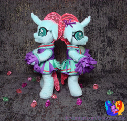 Size: 2410x2304 | Tagged: safe, artist:1stastrastudio, derpibooru import, ocellus, changedling, changeling, bipedal, cheerleader, cheerleader ocellus, cheerleader outfit, clothes, irl, photo, plushie, self paradox, solo