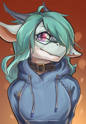 Size: 2500x3600 | Tagged: safe, artist:龙宠, derpibooru import, oc, oc:shanher, anthro, dragon, aquamarine coat, aquamarine mane, black choker, blue hoodie, bust, choker, dragoness, ears, female, floppy ears, glasses, gradient background, hair covering face, hair over one eye, horns, looking at you, orange background, pink eyes, portrait, smiling, smiling at you, solo