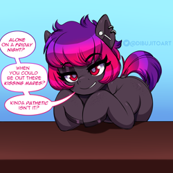 Size: 3500x3500 | Tagged: safe, artist:dibujito, derpibooru import, oc, oc only, oc:dib, earth pony, pony, ear piercing, hoof polish, looking at you, on table, piercing, smiling, smirk, smug, solo, talking to viewer