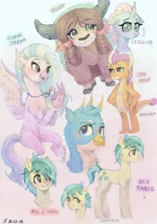 Size: 2412x3438 | Tagged: safe, artist:porcelanowyokular, derpibooru import, gallus, ocellus, sandbar, silverstream, smolder, yona, changedling, changeling, classical hippogriff, dragon, earth pony, griffon, hippogriff, pony, yak, bow, bust, cloven hooves, colored hooves, colored pencil drawing, dragoness, eyebrows, eyebrows visible through hair, female, frown, gradient background, hair bow, high res, jewelry, male, monkey swings, necklace, open mouth, open smile, smiling, student six, teenager, traditional art