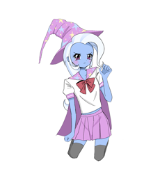 Size: 1389x1508 | Tagged: safe, artist:kurumilaa, derpibooru import, trixie, human, equestria girls, blushing, cape, clothes, cute, diatrixes, female, hat, pleated skirt, school uniform, simple background, skirt, socks, solo, thigh highs, trixie's cape, trixie's hat, white background, zettai ryouiki