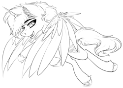 Size: 3496x2524 | Tagged: safe, artist:beamybutt, derpibooru import, oc, oc only, alicorn, pony, alicorn oc, ear fluff, ears, high res, horn, lineart, male, monochrome, open mouth, open smile, simple background, smiling, solo, stallion, white background, wings