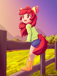 Size: 1800x2400 | Tagged: safe, artist:symbianl, derpibooru import, apple bloom, human, equestria girls, adorabloom, cute, eared humanization, fence, human coloration, humanized, open mouth, open smile, smiling, solo, tail, tailed humanization, weapons-grade cute