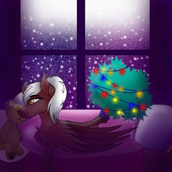 Size: 1500x1500 | Tagged: safe, artist:teonnakatztkgs, derpibooru import, oc, oc only, pegasus, pony, christmas, christmas tree, colored wings, holiday, indoors, night, pegasus oc, plushie, stars, teddy bear, tree, two toned wings, wings