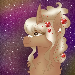 Size: 1500x1500 | Tagged: safe, artist:teonnakatztkgs, derpibooru import, oc, oc only, pony, unicorn, bust, chest fluff, eyelashes, female, horn, mare, night, smiling, stars, unicorn oc