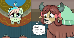 Size: 1200x616 | Tagged: safe, artist:heretichesh, derpibooru import, edit, coral currents, yona, earth pony, pony, yak, blushing, cute, duo, duo female, female, filly, foal, looking at you, looking up, looking up at you, offscreen character, pov, smiling, smiling at you, sweat, sweatdrop, this will end in death, thought bubble