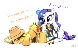 Size: 1997x1239 | Tagged: safe, artist:questionmarkdragon, derpibooru import, applejack, rarity, earth pony, pony, unicorn, applejack's hat, bandaid, clothes, cowboy hat, crying, duo, eyes closed, face down ass up, glowing, glowing horn, gritted teeth, hat, horn, literal butthurt, magic, ouch, pain, shivering, simple background, splinter, tears of pain, teary eyes, white background, wood