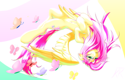 Size: 2500x1600 | Tagged: safe, artist:ktk's sky, derpibooru import, fluttershy, butterfly, pegasus, pony, cute, daaaaaaaaaaaw, female, flying, mare, shyabetes, solo, wings