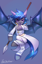 Size: 2000x3000 | Tagged: safe, artist:jedayskayvoker, derpibooru import, oc, oc:nocturne star, bat pony, attack, bat pony oc, clothes, flying, gradient background, looking at you, male, slit eyes, solo, spear, stallion, uniform, weapon