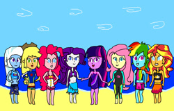 Size: 1280x819 | Tagged: safe, artist:prabowomuhammad23, derpibooru import, applejack, fluttershy, pinkie pie, rainbow dash, rarity, sunset shimmer, trixie, twilight sparkle, better together, equestria girls, forgotten friendship, beach, bikini, clothes, humane five, humane seven, humane six, looking at you, sarong, swimsuit