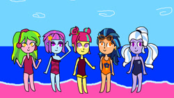 Size: 1280x720 | Tagged: safe, artist:prabowomuhammad23, derpibooru import, indigo zap, lemon zest, sour sweet, sugarcoat, sunny flare, equestria girls, beach, clothes, shadow five, swimsuit