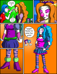 Size: 2153x2786 | Tagged: safe, artist:tf-circus, derpibooru import, adagio dazzle, aria blaze, sonata dusk, oc, oc:sasha smiles, human, siren, blue hair, brainwashing, clothes, clown, clown makeup, clown nose, female, hypno eyes, hypnosis, hypnotized, pink eyes, socks, striped socks, transformation