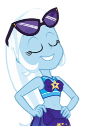 Size: 762x1080 | Tagged: safe, derpibooru import, edit, edited screencap, screencap, trixie, better together, equestria girls, forgotten friendship, background removed, belly button, bikini, clothes, eyes closed, hand on hip, midriff, not a vector, sarong, simple background, solo, sunglasses, swimsuit, transparent background