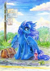 Size: 927x1300 | Tagged: safe, artist:maytee, derpibooru import, princess luna, alicorn, pony, bag, bottle, bus stop, sitting, sky, soda, soda bottle, solo, traditional art