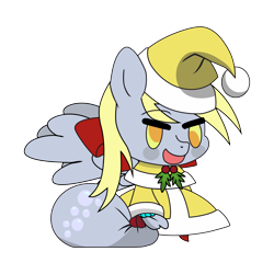 Size: 9934x9934 | Tagged: safe, artist:dimanizma, derpibooru import, derpy hooves, pegasus, pony, bag, bubble, christmas, clothes, costume, cute, derp, fate/stay night, female, happy new year, hat, holiday, padoru, santa costume, santa hat, simple background, solo, transparent background, wings