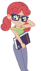 Size: 631x1098 | Tagged: safe, derpibooru import, edit, edited screencap, screencap, alizarin bubblegum, equestria girls, arm behind head, background removed, book, simple background, solo, transparent background