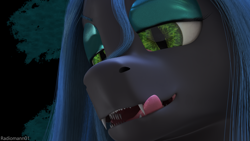 Size: 2750x1550 | Tagged: safe, artist:radiomann01, derpibooru import, queen chrysalis, 3d, blender, female, kitchen eyes, licking, licking lips, looking at you, open mouth, sharp teeth, smiling, smiling at you, solo, teeth, tongue, tongue out
