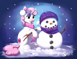 Size: 4096x3135 | Tagged: safe, artist:silentwulv, derpibooru import, sweetie belle, pony, unicorn, clothes, earmuffs, female, filly, foal, high res, open mouth, open smile, scarf, sitting, smiling, snow, snowman, solo