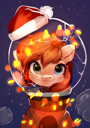 Size: 2480x3508 | Tagged: safe, artist:sofiko-ko, derpibooru import, oc, oc only, oc:rusty gears, earth pony, pony, asteroid, bust, christmas, earth pony oc, female, hat, helmet, heterochromia, high res, holiday, looking at you, mare, portrait, santa hat, smiling, smiling at you, solo, space, spacesuit, stars, string lights