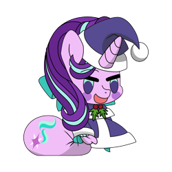Size: 9934x9934 | Tagged: safe, artist:dimanizma, derpibooru import, starlight glimmer, pony, unicorn, absurd resolution, bag, christmas, clothes, costume, cute, fate/stay night, female, happy new year, hat, holiday, horn, open mouth, open smile, padoru, santa costume, santa hat, simple background, smiling, solo, transparent background